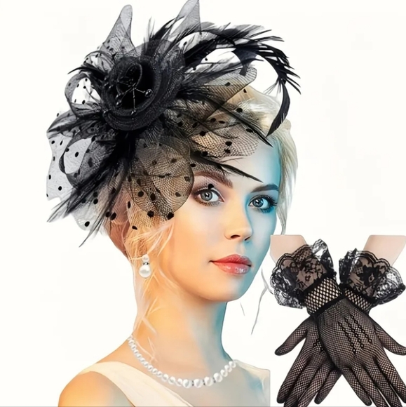 Beloved Millinery Accessories - Black Dotted Beautiful Fascinator Gloves Set Beads Feathers 3 PC Derby T…